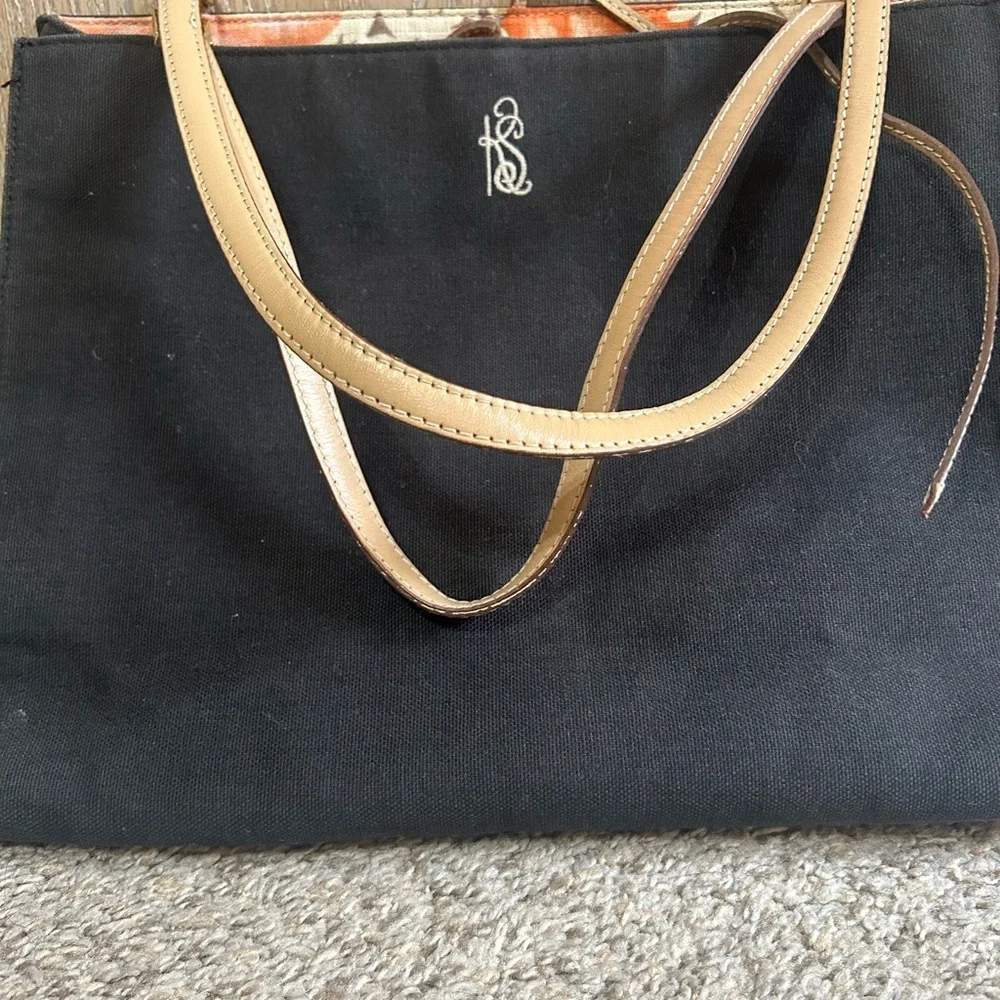 Kate Spade Linen Canvas Tote Bag Monogram Black Tan Travel Shoulder Floral Lined